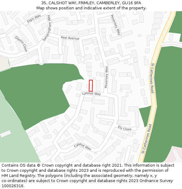 35, CALSHOT WAY, FRIMLEY, CAMBERLEY, GU16 9FA: Location map and indicative extent of plot