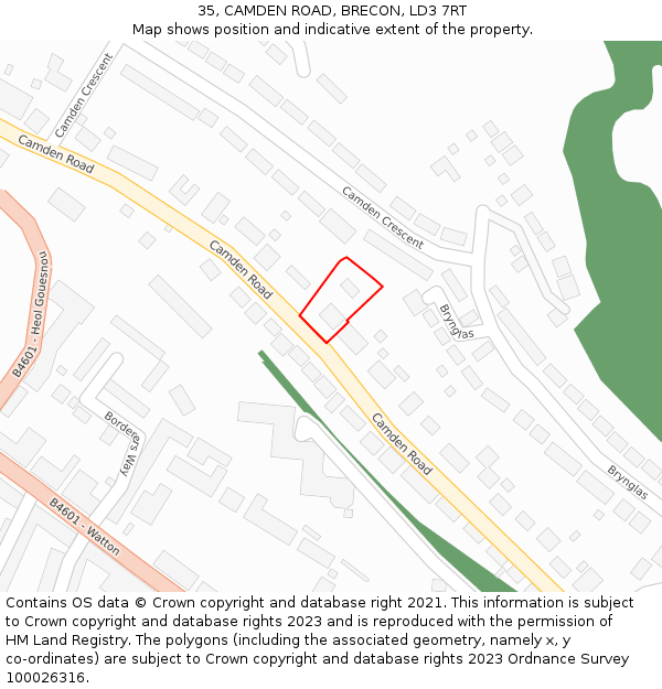 35, CAMDEN ROAD, BRECON, LD3 7RT: Location map and indicative extent of plot