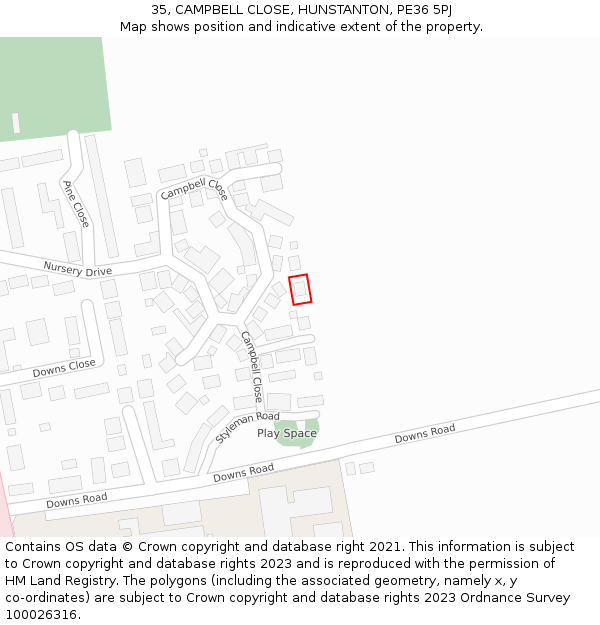 35, CAMPBELL CLOSE, HUNSTANTON, PE36 5PJ: Location map and indicative extent of plot