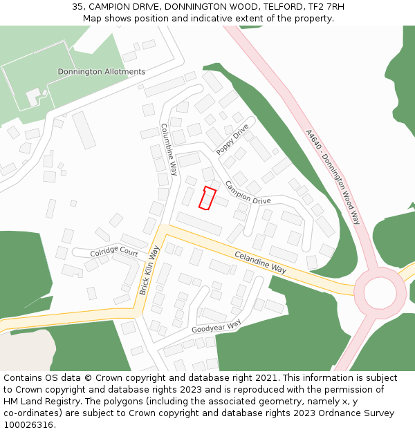 35, CAMPION DRIVE, DONNINGTON WOOD, TELFORD, TF2 7RH: Location map and indicative extent of plot