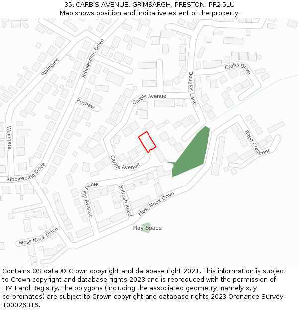 35, CARBIS AVENUE, GRIMSARGH, PRESTON, PR2 5LU: Location map and indicative extent of plot