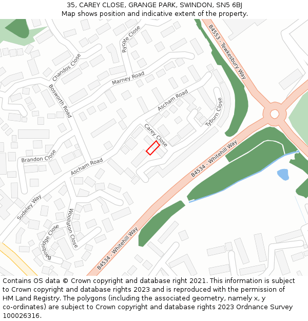 35, CAREY CLOSE, GRANGE PARK, SWINDON, SN5 6BJ: Location map and indicative extent of plot