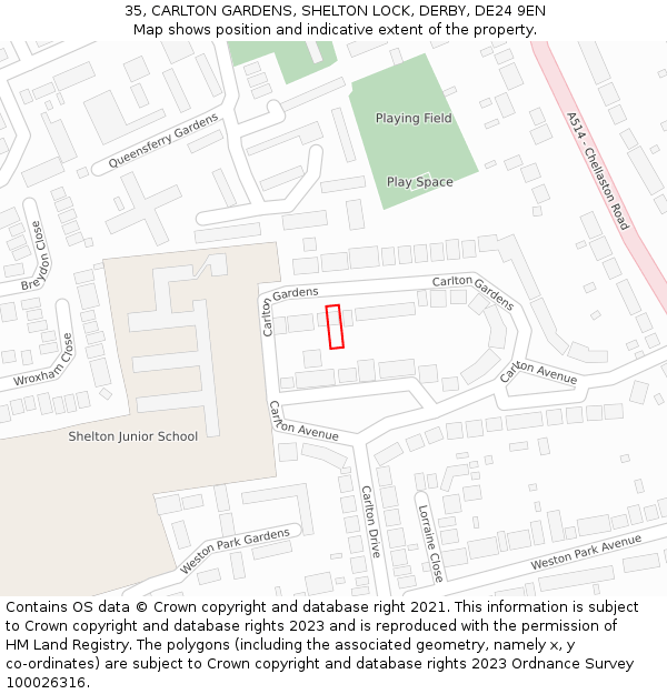 35, CARLTON GARDENS, SHELTON LOCK, DERBY, DE24 9EN: Location map and indicative extent of plot