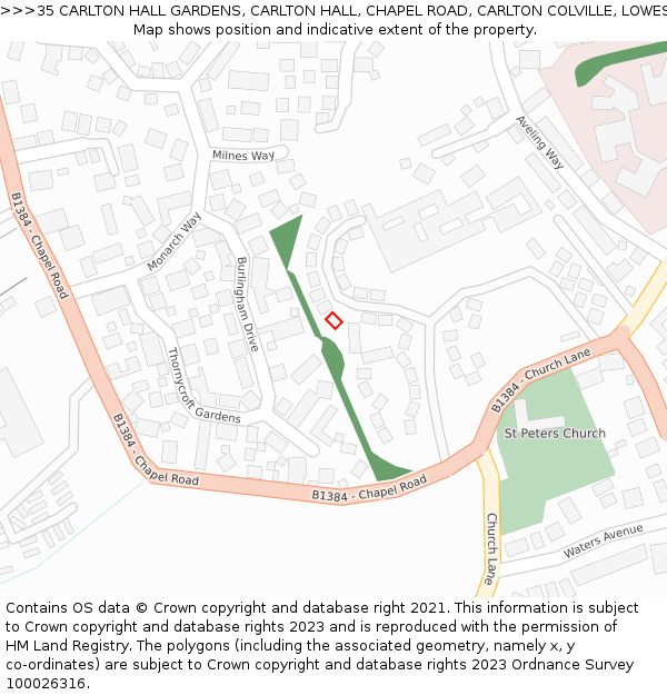 35 CARLTON HALL GARDENS, CARLTON HALL, CHAPEL ROAD, CARLTON COLVILLE, LOWESTOFT, NR33 8BL: Location map and indicative extent of plot