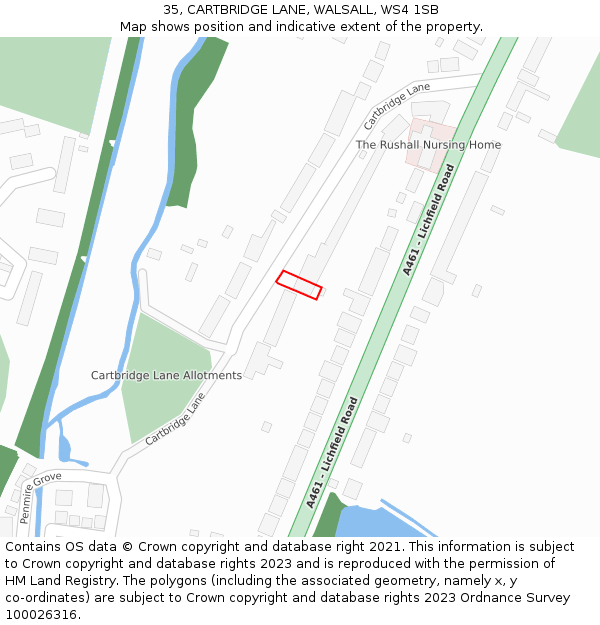 35, CARTBRIDGE LANE, WALSALL, WS4 1SB: Location map and indicative extent of plot