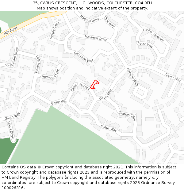 35, CARUS CRESCENT, HIGHWOODS, COLCHESTER, CO4 9FU: Location map and indicative extent of plot