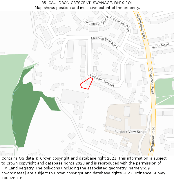 35, CAULDRON CRESCENT, SWANAGE, BH19 1QL: Location map and indicative extent of plot