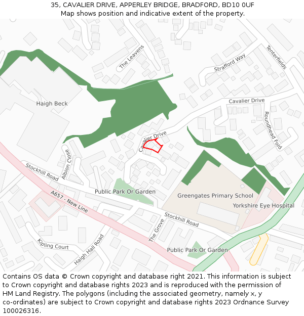 35, CAVALIER DRIVE, APPERLEY BRIDGE, BRADFORD, BD10 0UF: Location map and indicative extent of plot