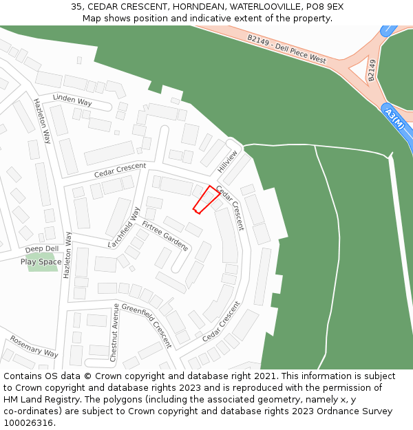 35, CEDAR CRESCENT, HORNDEAN, WATERLOOVILLE, PO8 9EX: Location map and indicative extent of plot