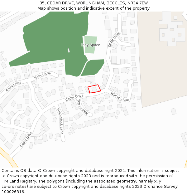 35, CEDAR DRIVE, WORLINGHAM, BECCLES, NR34 7EW: Location map and indicative extent of plot