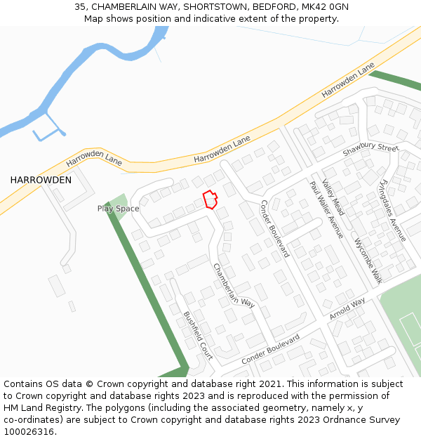 35, CHAMBERLAIN WAY, SHORTSTOWN, BEDFORD, MK42 0GN: Location map and indicative extent of plot