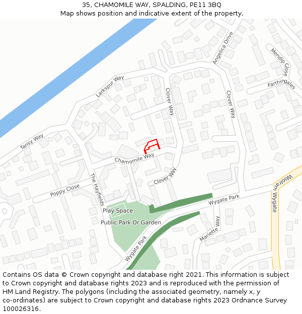 35, CHAMOMILE WAY, SPALDING, PE11 3BQ: Location map and indicative extent of plot