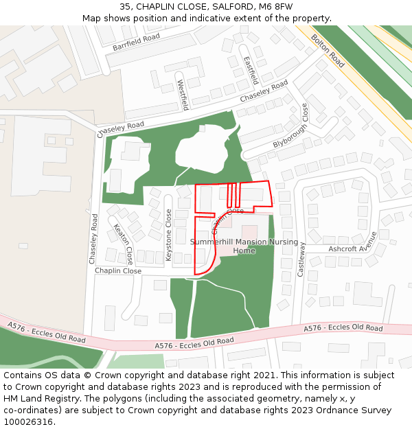 35, CHAPLIN CLOSE, SALFORD, M6 8FW: Location map and indicative extent of plot