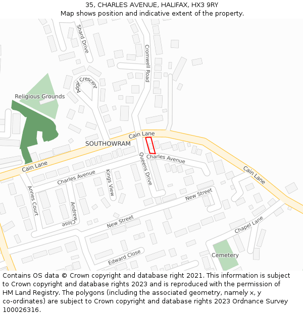 35, CHARLES AVENUE, HALIFAX, HX3 9RY: Location map and indicative extent of plot