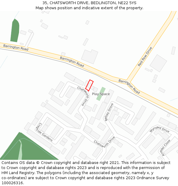 35, CHATSWORTH DRIVE, BEDLINGTON, NE22 5YS: Location map and indicative extent of plot