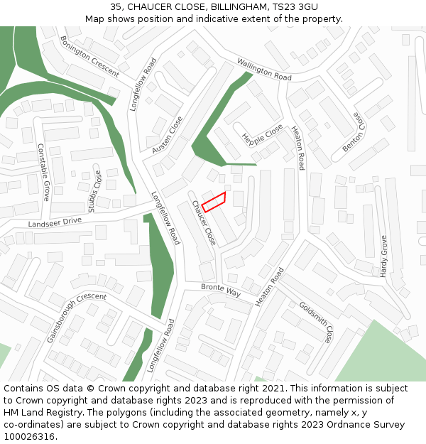 35, CHAUCER CLOSE, BILLINGHAM, TS23 3GU: Location map and indicative extent of plot