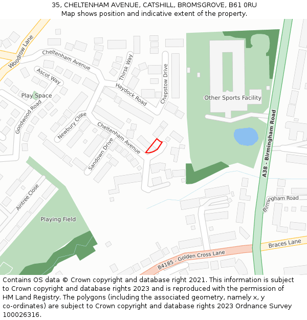 35, CHELTENHAM AVENUE, CATSHILL, BROMSGROVE, B61 0RU: Location map and indicative extent of plot