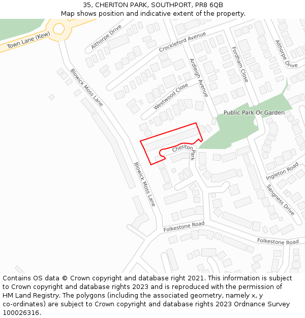 35, CHERITON PARK, SOUTHPORT, PR8 6QB: Location map and indicative extent of plot