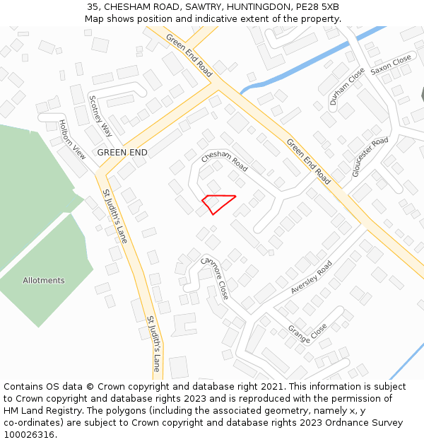 35, CHESHAM ROAD, SAWTRY, HUNTINGDON, PE28 5XB: Location map and indicative extent of plot