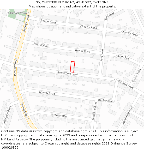 35, CHESTERFIELD ROAD, ASHFORD, TW15 2NE: Location map and indicative extent of plot