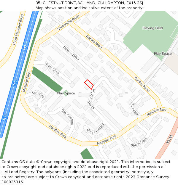 35, CHESTNUT DRIVE, WILLAND, CULLOMPTON, EX15 2SJ: Location map and indicative extent of plot