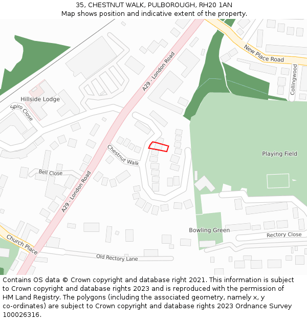 35, CHESTNUT WALK, PULBOROUGH, RH20 1AN: Location map and indicative extent of plot