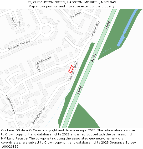 35, CHEVINGTON GREEN, HADSTON, MORPETH, NE65 9AX: Location map and indicative extent of plot