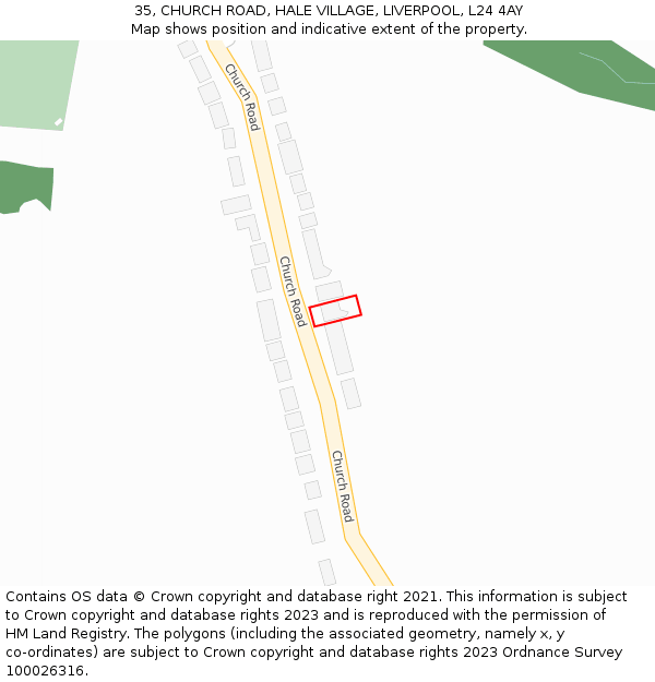 35, CHURCH ROAD, HALE VILLAGE, LIVERPOOL, L24 4AY: Location map and indicative extent of plot