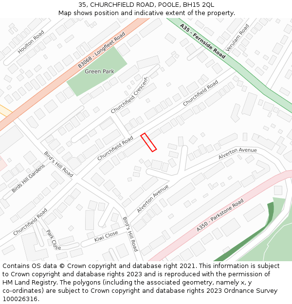 35, CHURCHFIELD ROAD, POOLE, BH15 2QL: Location map and indicative extent of plot