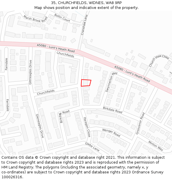35, CHURCHFIELDS, WIDNES, WA8 9RP: Location map and indicative extent of plot