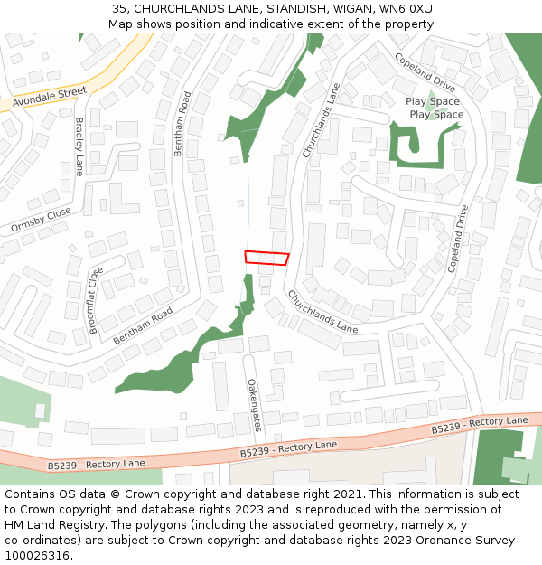 35, CHURCHLANDS LANE, STANDISH, WIGAN, WN6 0XU: Location map and indicative extent of plot