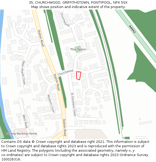 35, CHURCHWOOD, GRIFFITHSTOWN, PONTYPOOL, NP4 5SX: Location map and indicative extent of plot