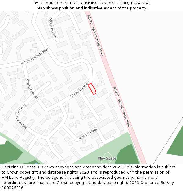 35, CLARKE CRESCENT, KENNINGTON, ASHFORD, TN24 9SA: Location map and indicative extent of plot