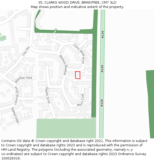 35, CLARKS WOOD DRIVE, BRAINTREE, CM7 3LD: Location map and indicative extent of plot