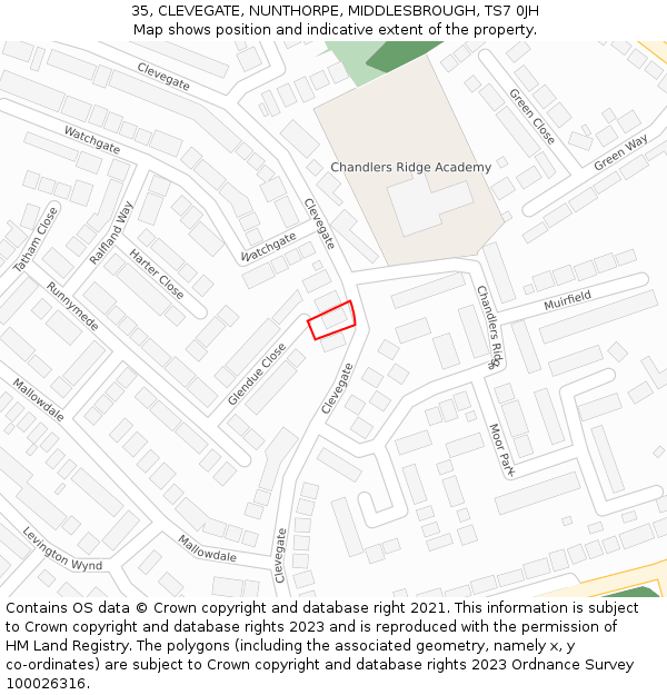 35, CLEVEGATE, NUNTHORPE, MIDDLESBROUGH, TS7 0JH: Location map and indicative extent of plot
