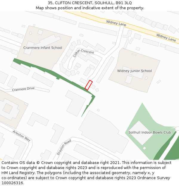 35, CLIFTON CRESCENT, SOLIHULL, B91 3LQ: Location map and indicative extent of plot