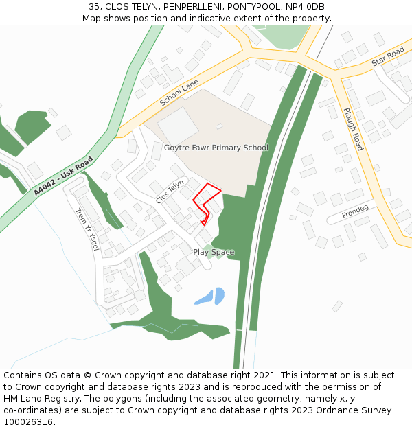 35, CLOS TELYN, PENPERLLENI, PONTYPOOL, NP4 0DB: Location map and indicative extent of plot