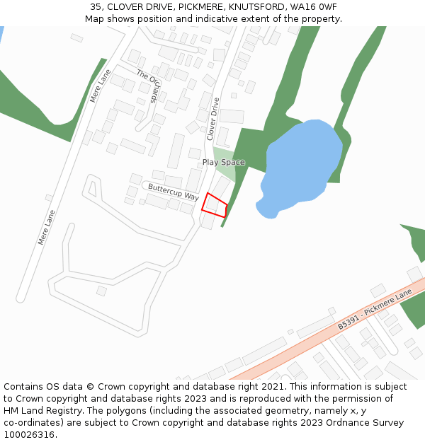 35, CLOVER DRIVE, PICKMERE, KNUTSFORD, WA16 0WF: Location map and indicative extent of plot