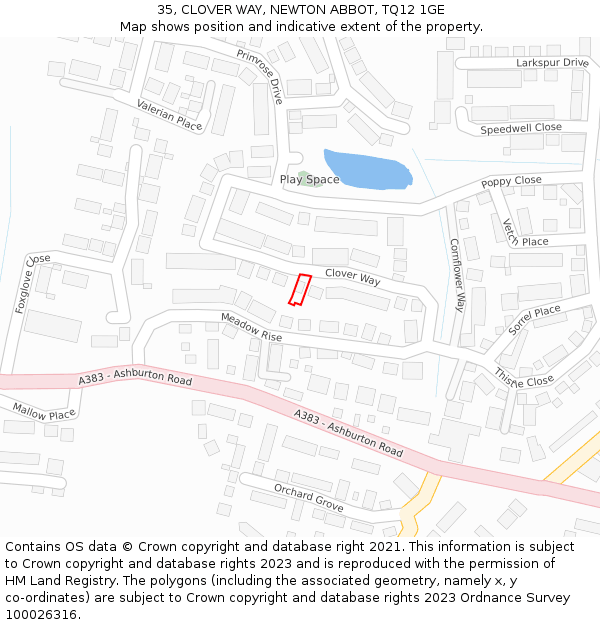 35, CLOVER WAY, NEWTON ABBOT, TQ12 1GE: Location map and indicative extent of plot