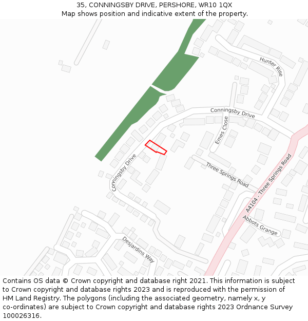 35, CONNINGSBY DRIVE, PERSHORE, WR10 1QX: Location map and indicative extent of plot
