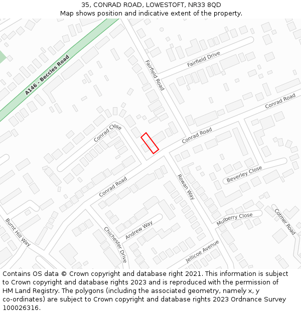 35, CONRAD ROAD, LOWESTOFT, NR33 8QD: Location map and indicative extent of plot