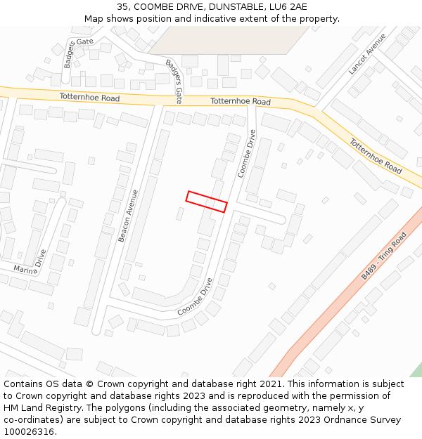 35, COOMBE DRIVE, DUNSTABLE, LU6 2AE: Location map and indicative extent of plot