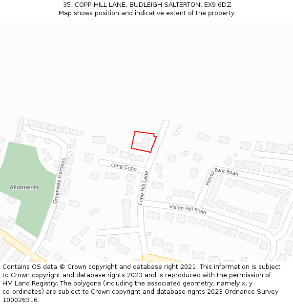 35, COPP HILL LANE, BUDLEIGH SALTERTON, EX9 6DZ: Location map and indicative extent of plot