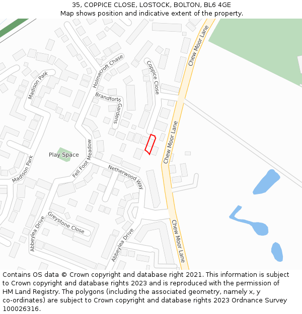 35, COPPICE CLOSE, LOSTOCK, BOLTON, BL6 4GE: Location map and indicative extent of plot
