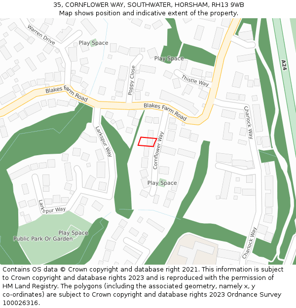 35, CORNFLOWER WAY, SOUTHWATER, HORSHAM, RH13 9WB: Location map and indicative extent of plot