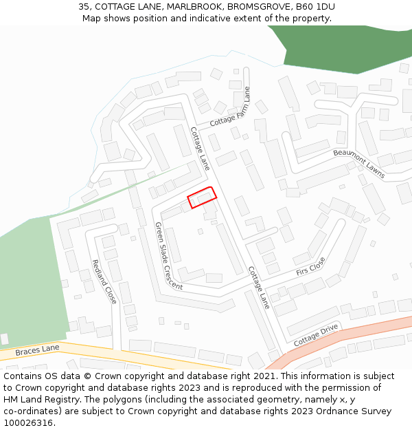 35, COTTAGE LANE, MARLBROOK, BROMSGROVE, B60 1DU: Location map and indicative extent of plot