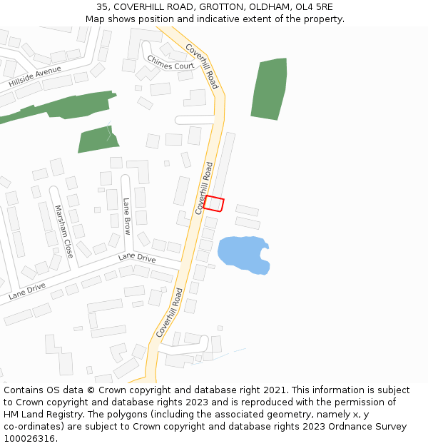 35, COVERHILL ROAD, GROTTON, OLDHAM, OL4 5RE: Location map and indicative extent of plot