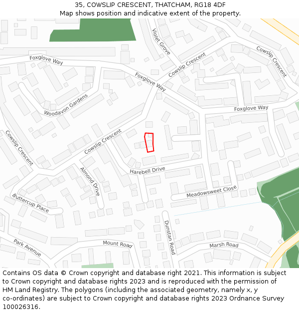 35, COWSLIP CRESCENT, THATCHAM, RG18 4DF: Location map and indicative extent of plot