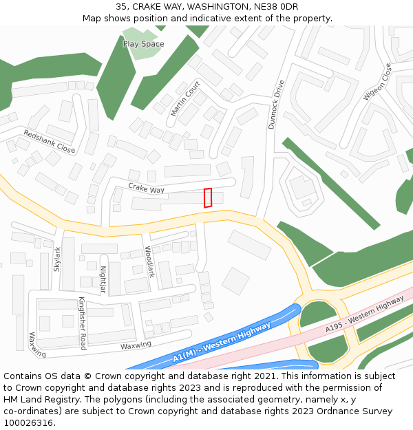 35, CRAKE WAY, WASHINGTON, NE38 0DR: Location map and indicative extent of plot