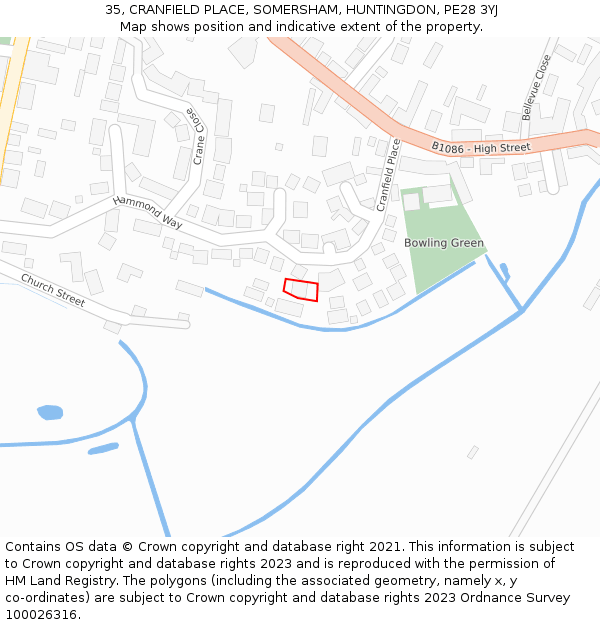 35, CRANFIELD PLACE, SOMERSHAM, HUNTINGDON, PE28 3YJ: Location map and indicative extent of plot